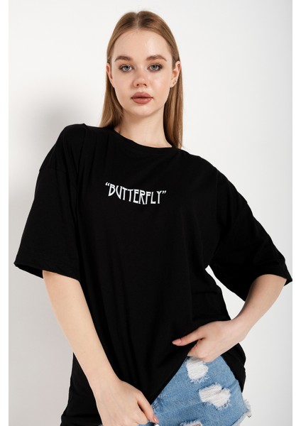 Kadın Butterfly Ön Arka Baskılı Oversize T-Shirt