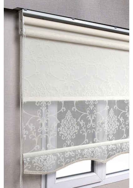 Çiftli Sistem Kırık Beyaz Damask Desenli Tül + Stor Güneşlik Perdeler