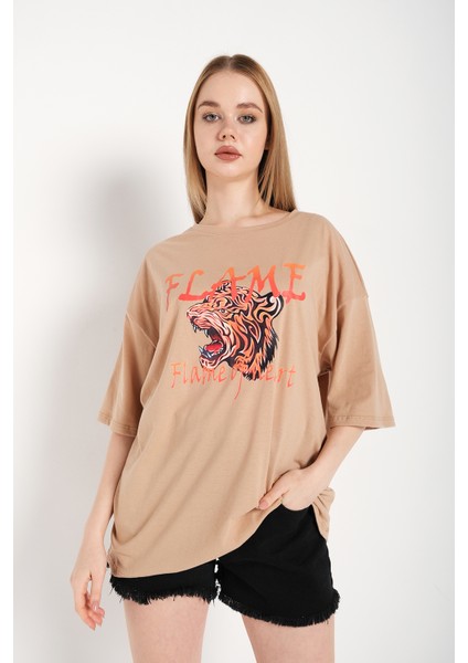 Kadın Flame Baskılı Oversize T-Shirt