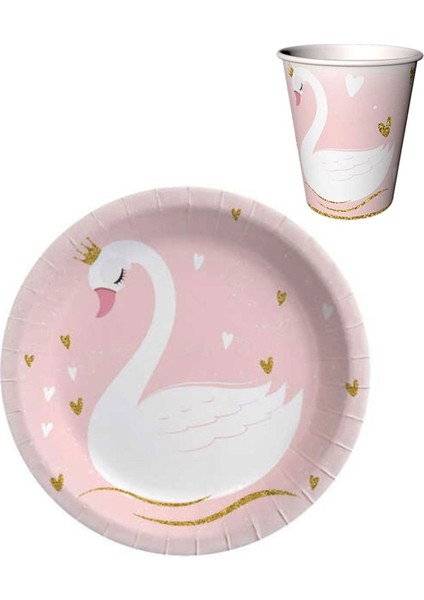 Pudra Kuğu 8'li Karton Bardak Tabak Set