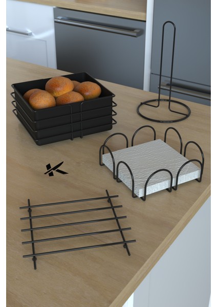 Paslanmaz Servis Sunum Seti Ekmeklik Ekmek Sepeti Mutfak Havluluk Peçetelik Nihale 4 Parça