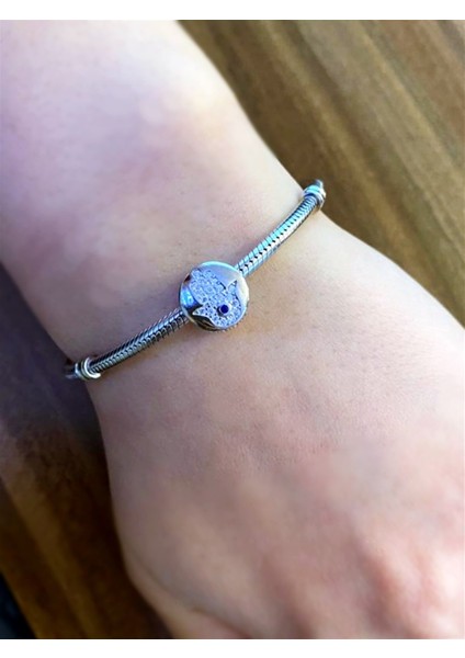 Kadın Fatma Eli Mavi Taş Detay Gümüş Charm fiyatları