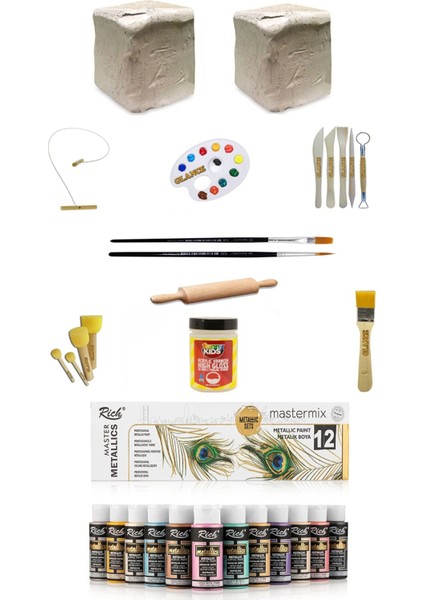 Seramik Hamuru 6x2 kg Rich Master Mix 60CC Akrilik 12Lİ Metalik Renk Seramik Başlangıç Sanat Seti