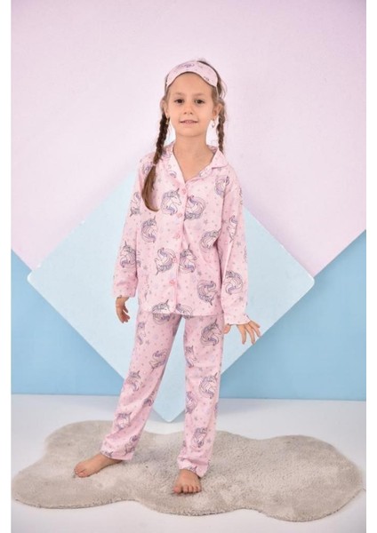 Kız Çocuk Toz Pembe Efsane Unicorn Desen Yeni Sezon Pijama Takımı Göz Bandı Hediyeli