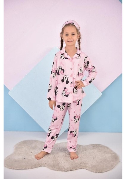Kız Çocuk Pembe Renk Yeni Sezon Mickey Love Desenli Baskılı Pijama Takımı Göz Bandı