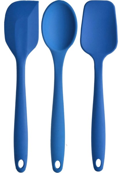 Büyük Boy Yanmaz Yapışmaz Silikon Spatula ve Kaşık Seti 3 Model - Spatula Kaşık Mavi 3'lü Set Silikon Set Mavi 3 Çeşit
