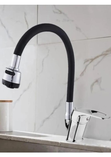 Siyah Krom 2 Fonksiyonlu Kıvrılabilir Esnek Hareketli Borulu Mutfak Bataryası Musluğu Bükülebilir Borulu Mutfak Bataryası