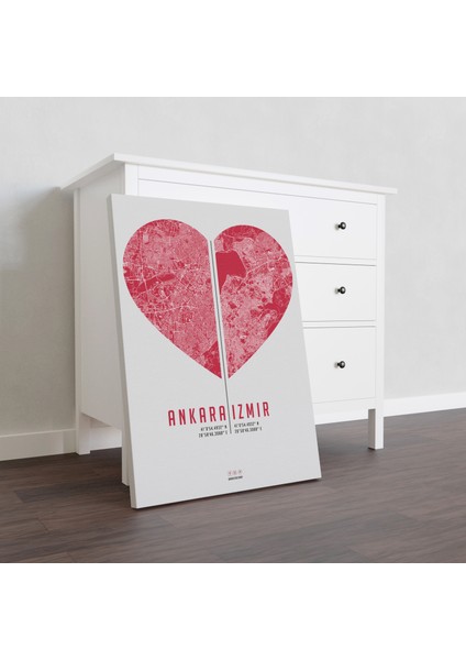 Sevgililer Günü Özel Ankara&izmir Kalpli 50X70 cm Şehir Haritası Kanvas Tablo modelleri