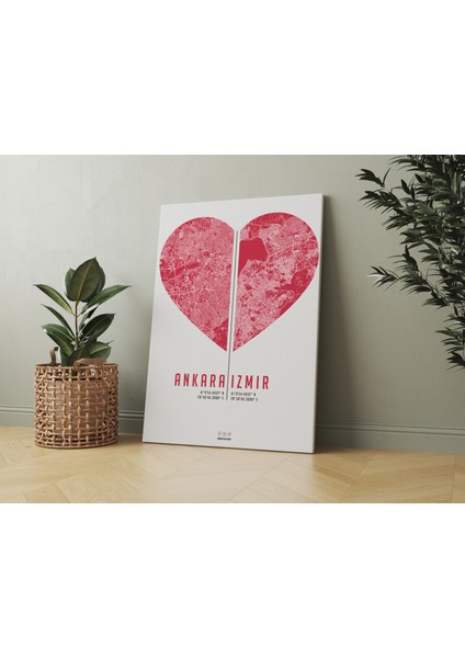 Sevgililer Günü Özel Ankara&izmir Kalpli 50X70 cm Şehir Haritası Kanvas Tablo fırsatları