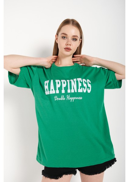 Kadın Happıness Baskılı Oversize Tshirt