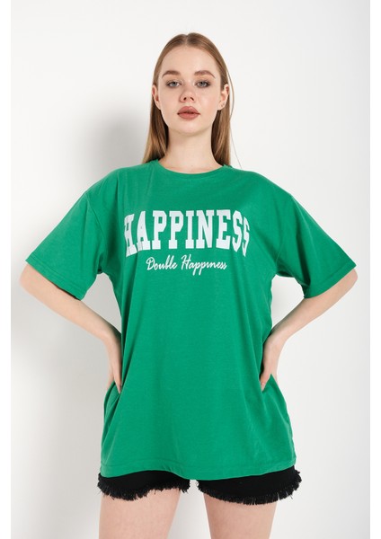 Kadın Happıness Baskılı Oversize Tshirt