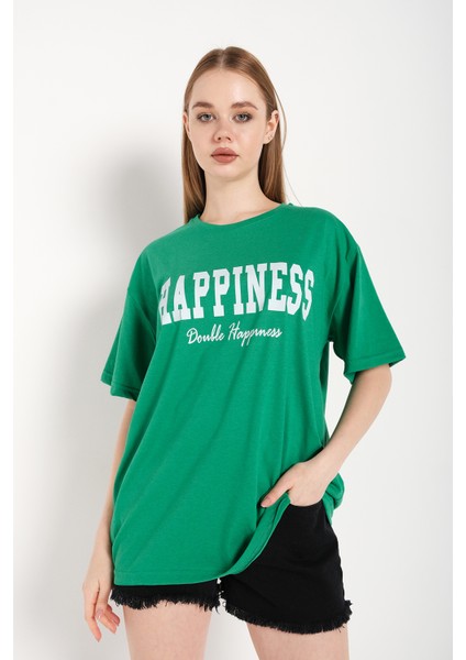 Kadın Happıness Baskılı Oversize Tshirt