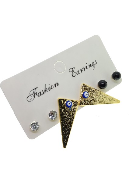 Fashion Earrings Altın Renk Üçgen Model Göz Nazar Mineli Kombin Küpe - 2157