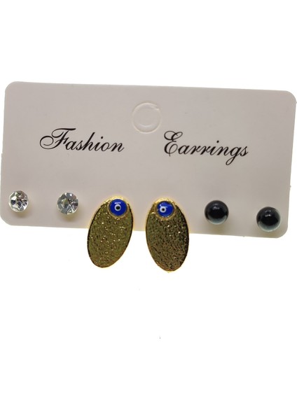 Fashion Earrings Altın Renk Oval Model Göz Nazar Mineli Kombin Küpe - 2158