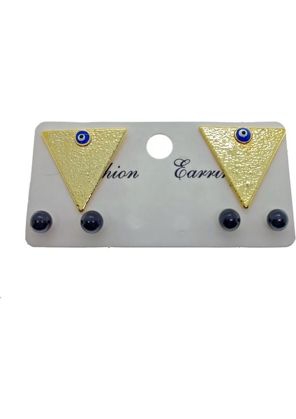 Fashion Earrings Altın Renk Kalın Üçgen Model Göz Nazar Mineli Kombin Küpe - 2161