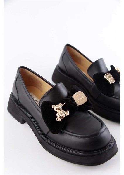 Little Teddy Siyah Deri Kadın Loafer