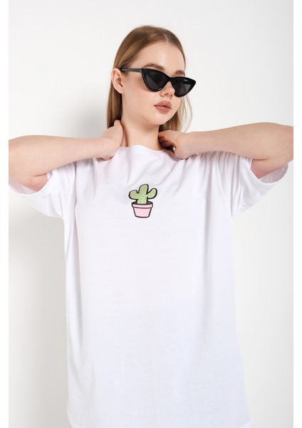 Kadın Cactus Logo Baskılı Oversize T-Shirt