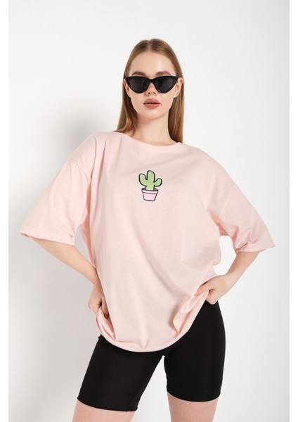 Kadın Cactus Logo Baskılı Oversize T-Shirt