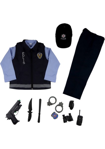 Çocuk Lacivert Yelekli Mavi Polis Kostümü Yelekli Polis Üniforması Kıyafeti