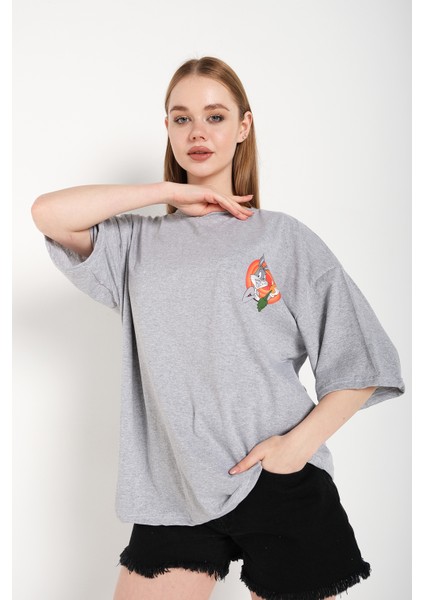 Kadın Bugs Bunny Logo Baskılı Oversize T-Shirt