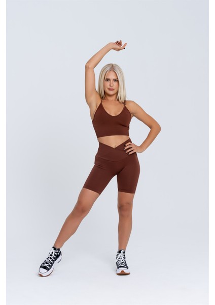 Kadın Spor Şort | Kahverengi | Dikişsiz Spor Şort | Fitilli | Anvelop Model | modelleri