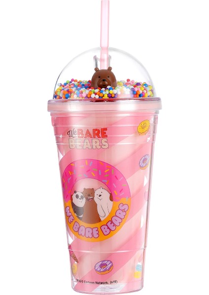 We Bare Bears Lisanslı Boncuklu Pipetli Plastik Şişe 480 ml - Pembe
