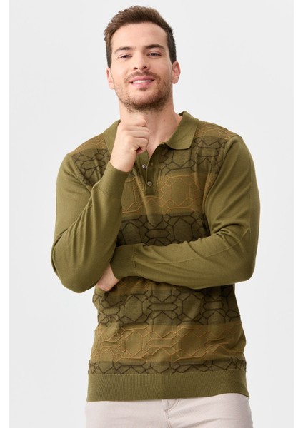 Erkek Polo Yaka Önü Desenli Kazak A.haki fiyatları