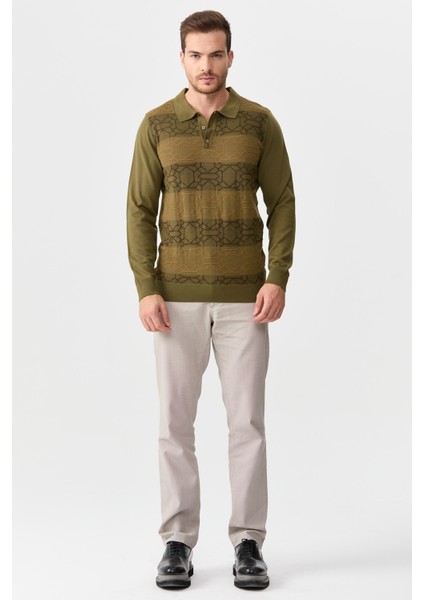 Erkek Polo Yaka Önü Desenli Kazak A.haki modelleri