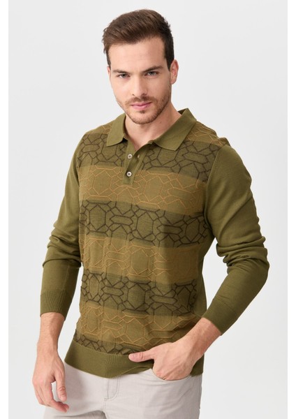 Erkek Polo Yaka Önü Desenli Kazak A.haki indirimleri
