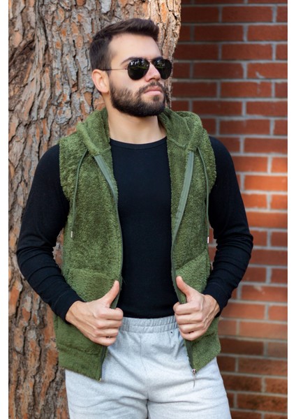 Erkek Haki Peluş Yumoş Fermuarlı Kapüşonlu Yelek 22EYLKPELO