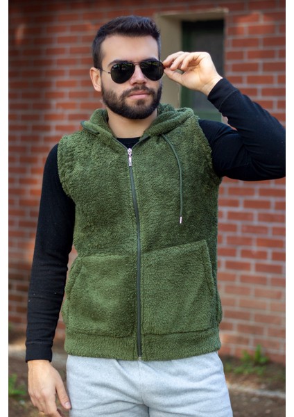 Erkek Haki Peluş Yumoş Fermuarlı Kapüşonlu Yelek 22EYLKPELO modelleri
