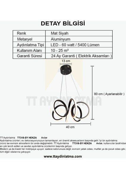 TT318-SY Tt Aydınlatma Hekza Modeli Mat Siyah LED Avize