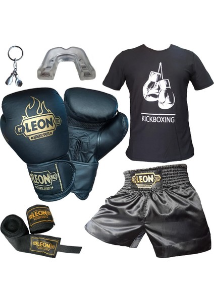 Boks Eldiveni, Leon Kick Boks Şortu, Tişört, Bandaj, Dişlik Seti Siyah