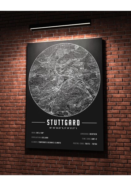 Stuttgard 50 x 70 cm Şehir Haritası Kanvas Tablo