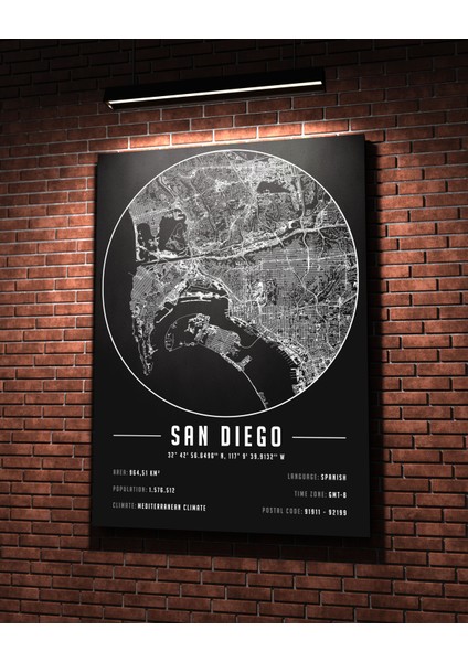 San Diego 50 x 70 cm Şehir Haritası Kanvas Tablo
