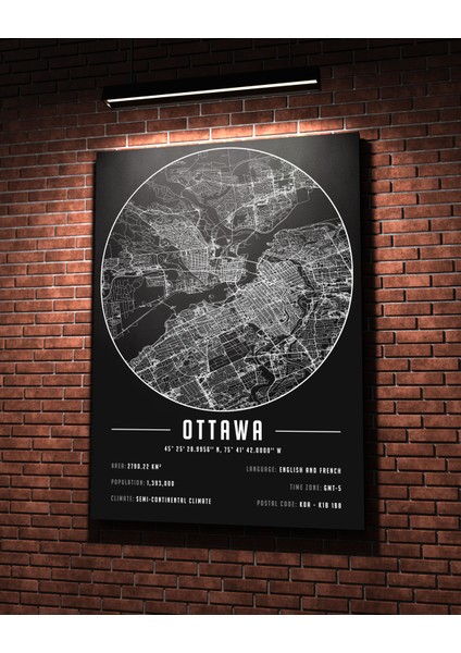 Ottawa 50 x 70 cm Şehir Haritası Kanvas Tablo