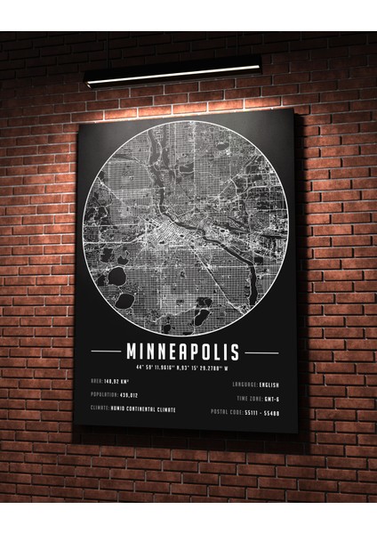 Minneapolis 50 x 70 cm Şehir Haritası Kanvas Tablo