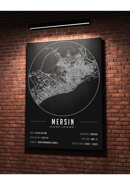 Mersin 50 x 70 cm Şehir Haritası Kanvas Tablo