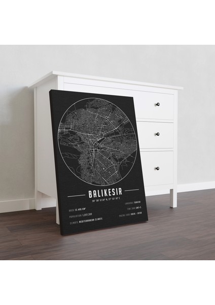 Balıkesir 50 x 70 cm Şehir Haritası Kanvas Tablo