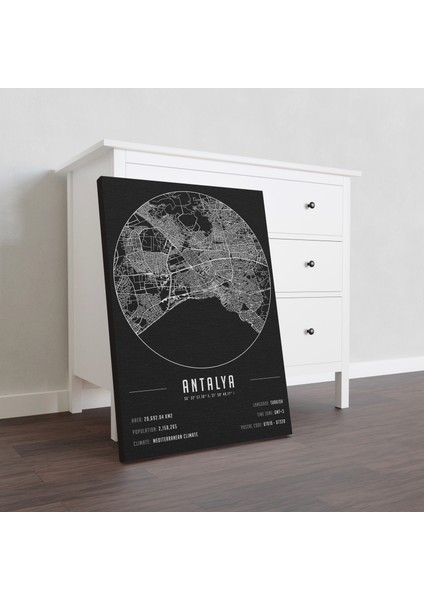 Antalya 50 x 70 cm Şehir Haritası Kanvas Tablo