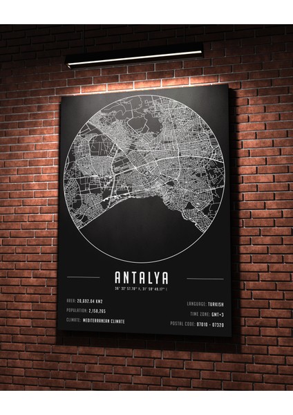Antalya 50 x 70 cm Şehir Haritası Kanvas Tablo