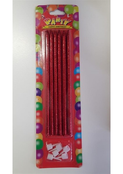 Çubuk Pasta Mumu Simli Kırmızı 14 cm 6 Adet