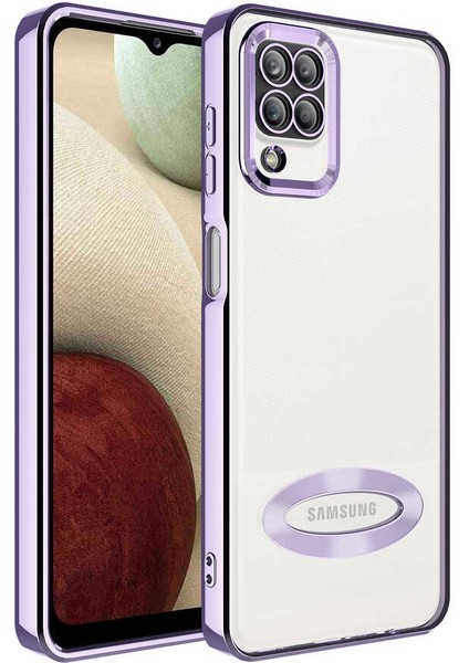 Samsung Galaxy M12 Kılıf Kamera Lens Korumalı Yazı ve Logo Gösterir Parlak Halkalı Şeffaf