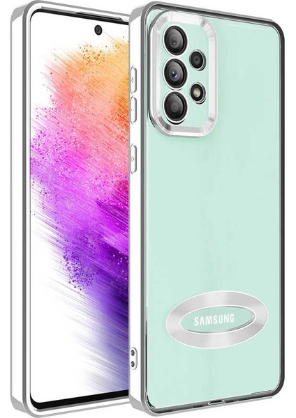 Samsung Galaxy A13 Kılıf Kamera Lens Korumalı Yazı ve Logo Gösterir Parlak Halkalı Şeffaf