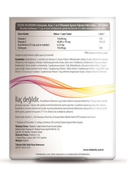 Selenium Açai Ekstresi, C ve E vitamini, Selenyum İçeren Takviye Edici Gıda 30 Tablet