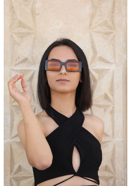 Geometrik Siyah Çerçeve Turuncu Cam Unisex Güneş Gözlüğü 2016 06 52-19-135