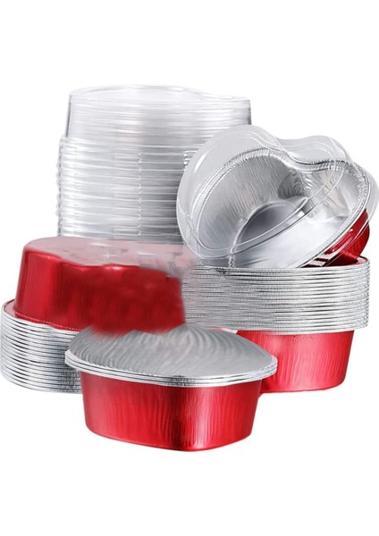 Pişirme Kapları, Folyo Cupcake, 50 Adet 100ML Teneke Folyo Kek Kapaklı Bardak Kalp Şeklinde Isıya Dayanıklı Kalıp (Kırmızı) (Yurt Dışından)