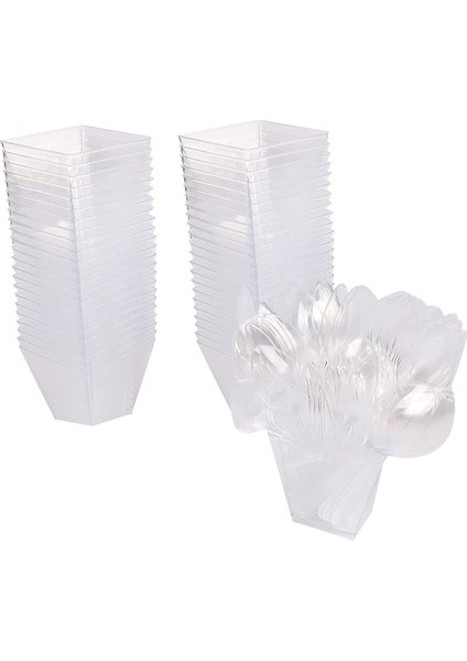 Kaşıklı 50 Tatlı Bardağı Paketi, 60 ml Tatlı Kase Seti, Dıy Plastik Tatlı Bardağı, Yeniden Kullanılabilir Yamuk Bardak Seti (Yurt Dışından)