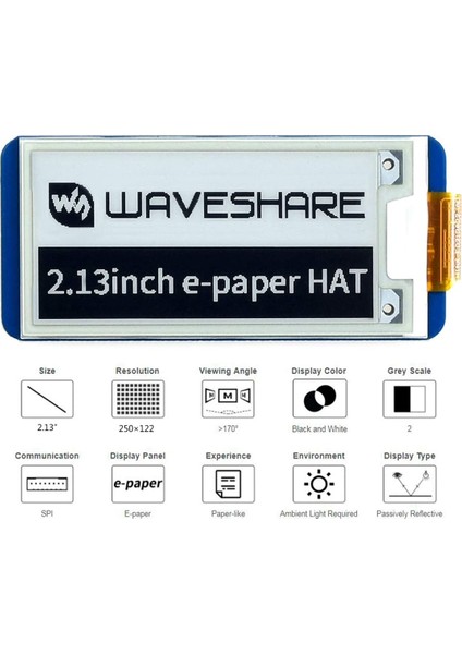 Waveshare 2.13 Inç E-Mürekkep Ekran Şapka, Siyah, Beyaz Iki Renkli 250X122 Piksel E-Kağıt Ekran LCD Raspberry Pi 4b/3b+/3b/2b/sıfır (Yurt Dışından)