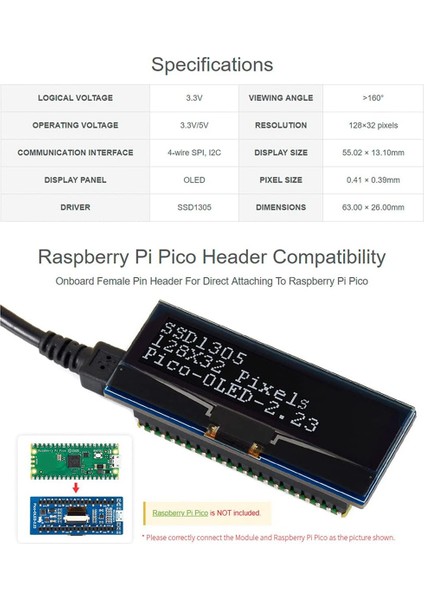 Ahududu Pi Pico Için Waveshare 2.23 Inç OLED Ekran Modülü, 128X32 Piksel Gömülü SSD1305 Sürücü, 4-Wire SPI/I2C Arayüzü (Yurt Dışından)